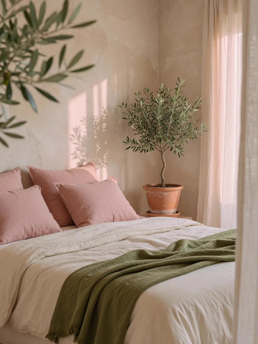 Quiet bedroom with a neatly made bed and natural linen bedding