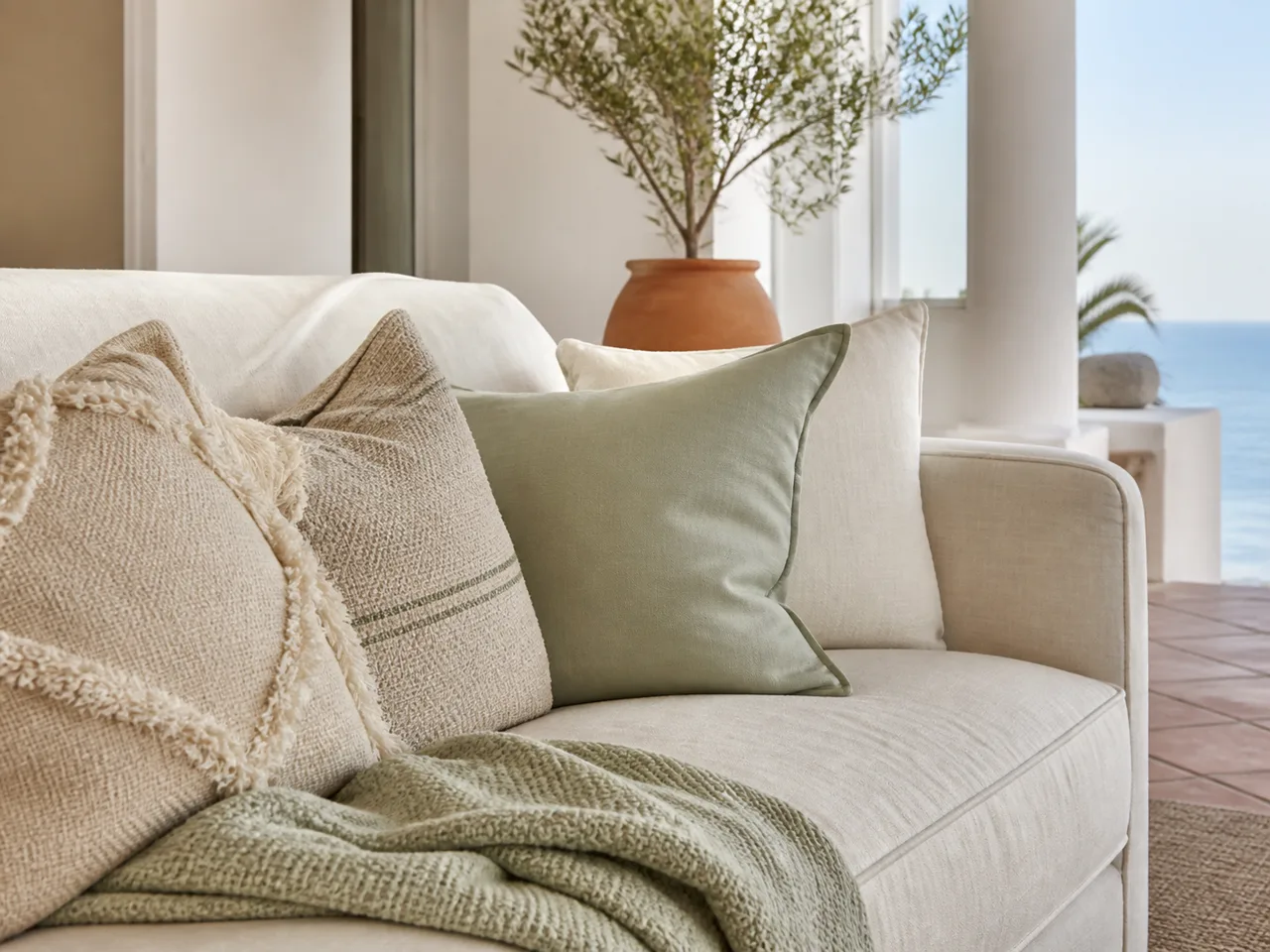 Close view of natural upholstery fabric, seams and cushion texture