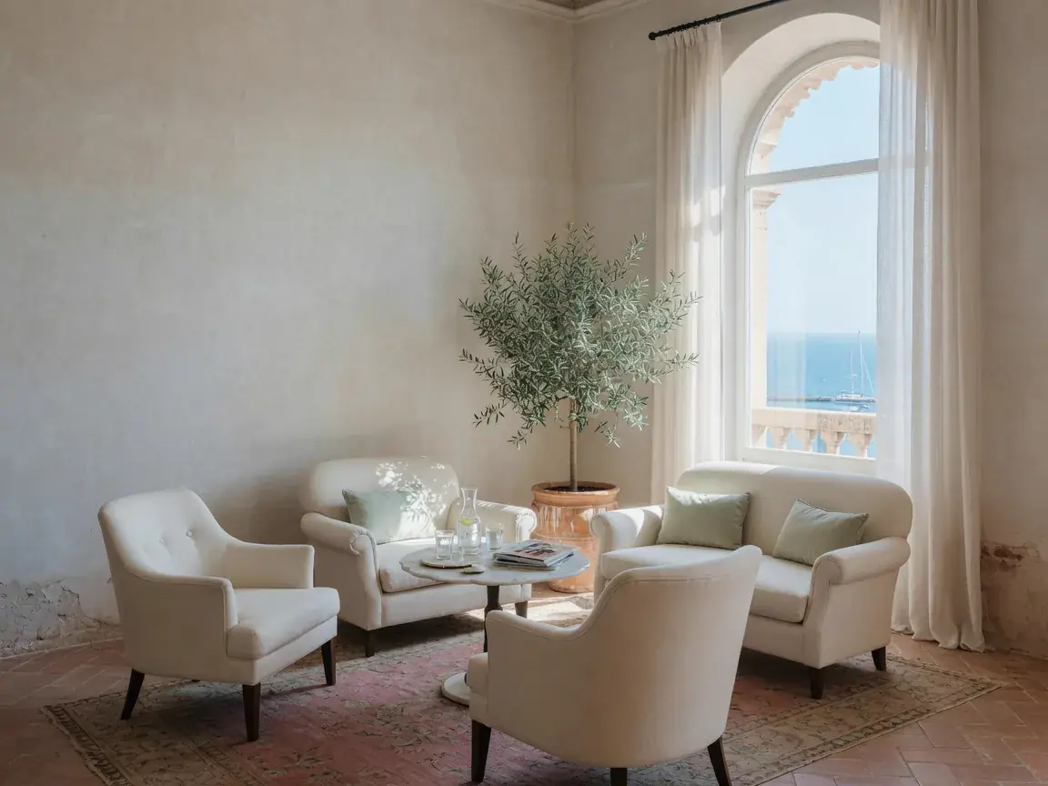 Upholstered armchairs arranged in a bright boutique hospitality lounge