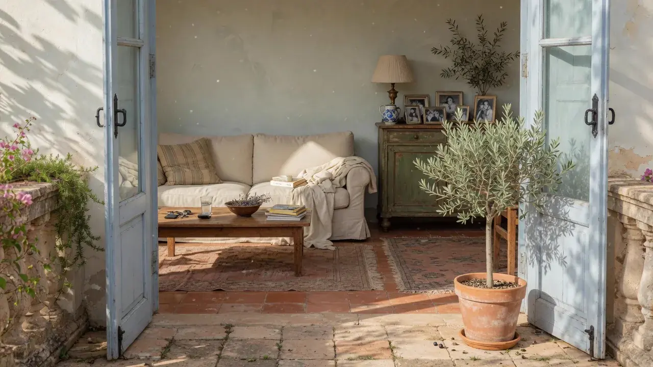 Patterned rugs beneath a sofa and timber table, seen through painted blue doors